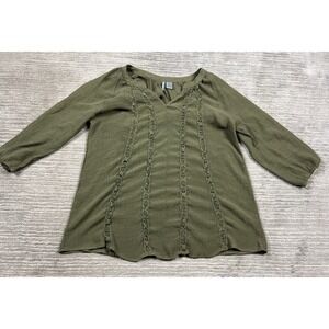 New Directions Top Womens XL Green V-Neck 3/4 Sleeve Semi Sheer Rayon Blend